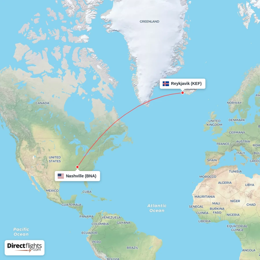 KEF - BNA route map