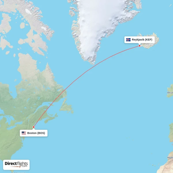 Reykjavik - Boston direct flight map