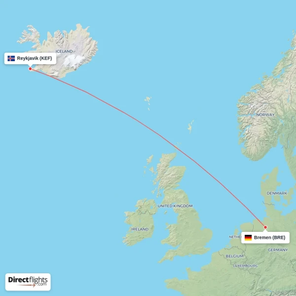 Reykjavik - Bremen direct flight map