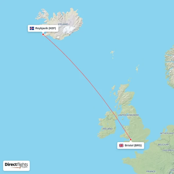 Reykjavik - Bristol direct flight map