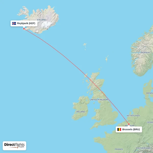 Reykjavik - Brussels direct flight map