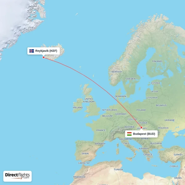 Reykjavik - Budapest direct flight map