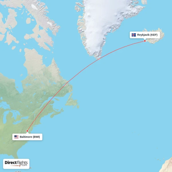 Reykjavik - Baltimore direct flight map