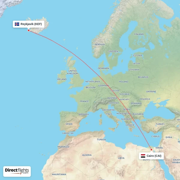 Reykjavik - Cairo direct flight map