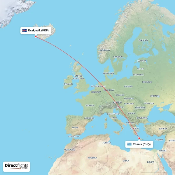 Reykjavik - Chania direct flight map