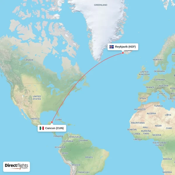 Reykjavik - Cancun direct flight map