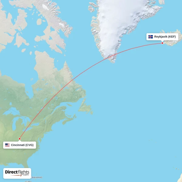 Reykjavik - Cincinnati direct flight map