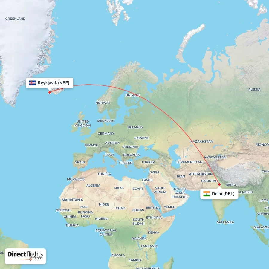 KEF - DEL route map