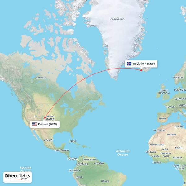 Reykjavik - Denver direct flight map