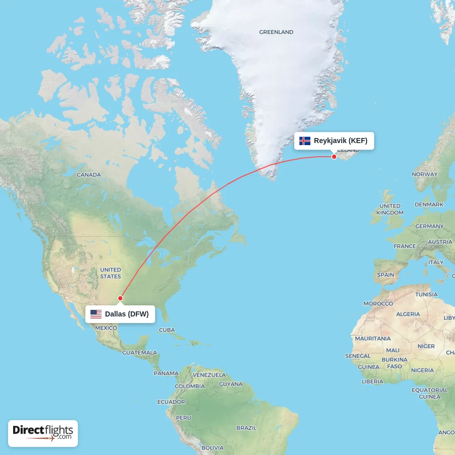 KEF - DFW route map
