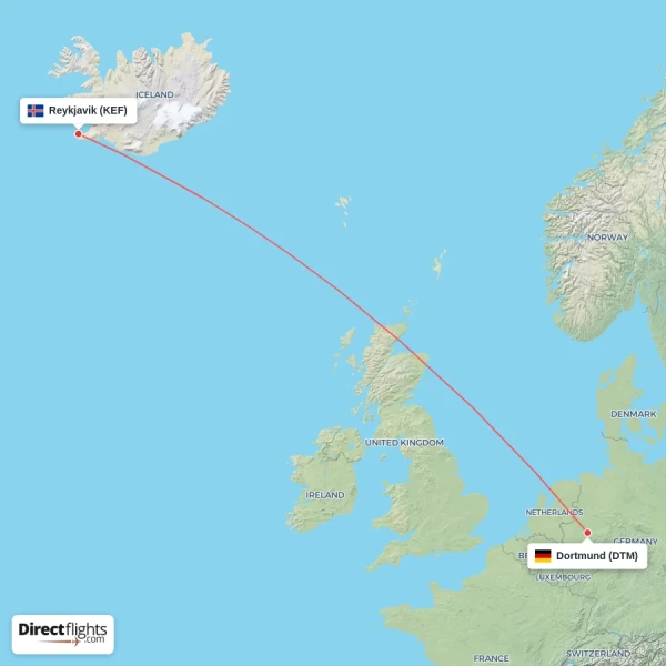 Reykjavik - Dortmund direct flight map