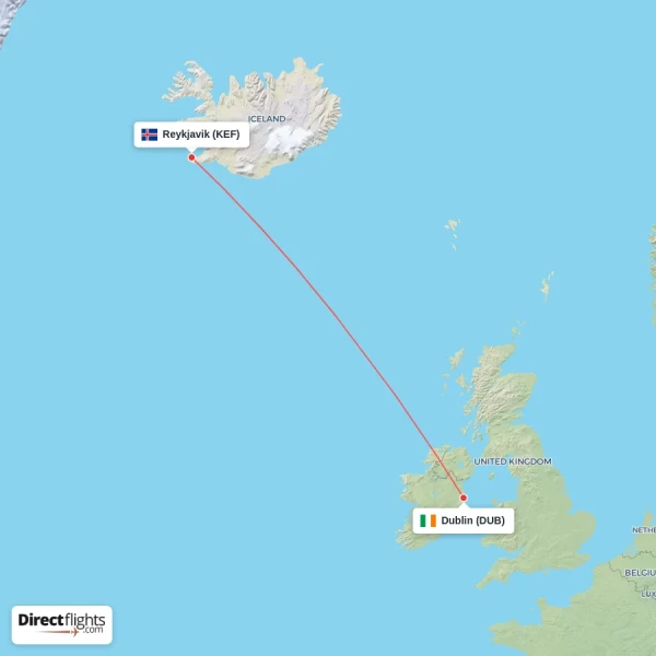Reykjavik - Dublin direct flight map