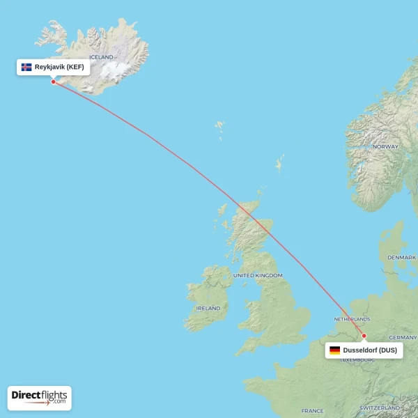 Reykjavik - Dusseldorf direct flight map