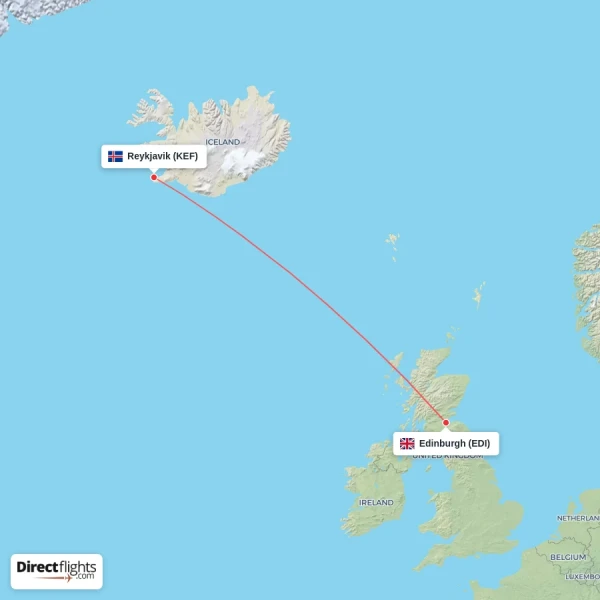 Reykjavik - Edinburgh direct flight map