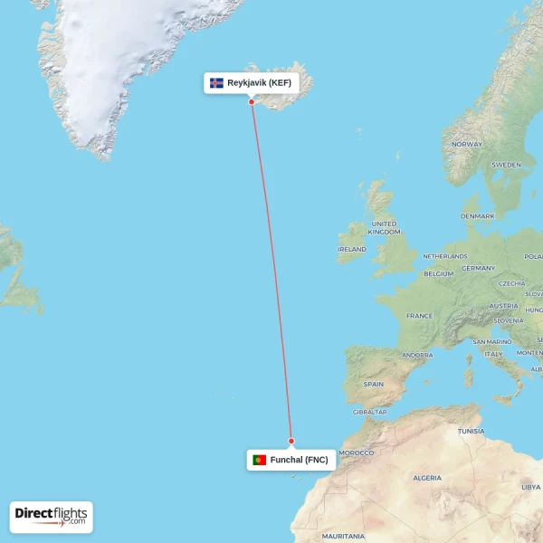 Reykjavik - Funchal direct flight map