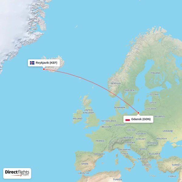 Reykjavik - Gdansk direct flight map