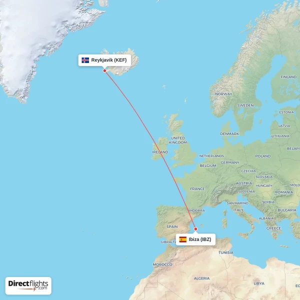 Reykjavik - Ibiza direct flight map