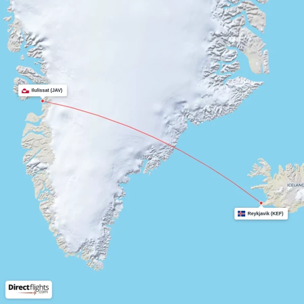 Reykjavik - Ilulissat direct flight map