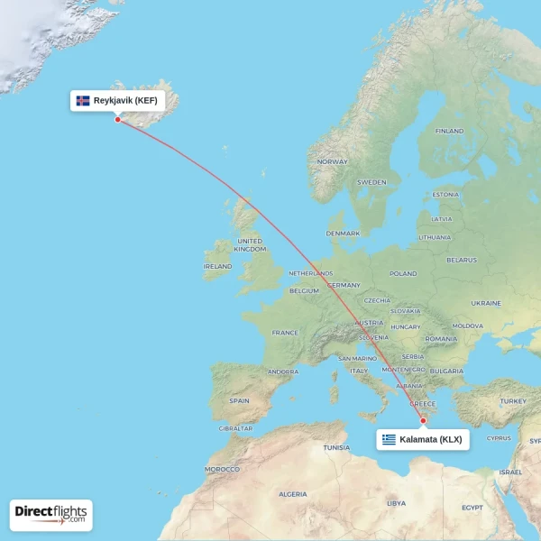 Reykjavik - Kalamata direct flight map