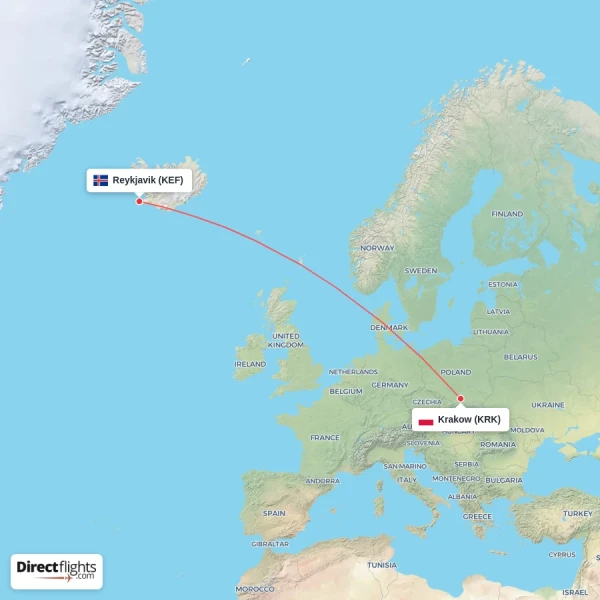 Reykjavik - Krakow direct flight map