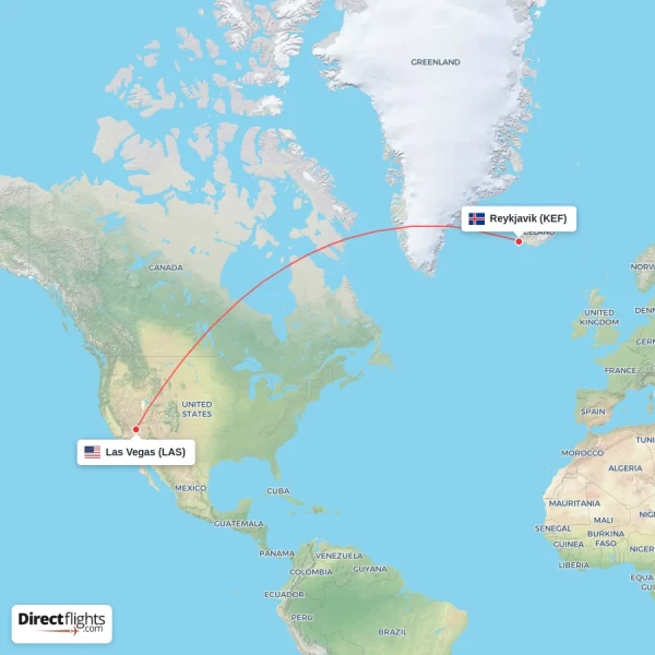 Reykjavik - Las Vegas direct flight map
