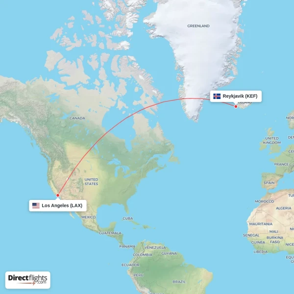 Reykjavik - Los Angeles direct flight map