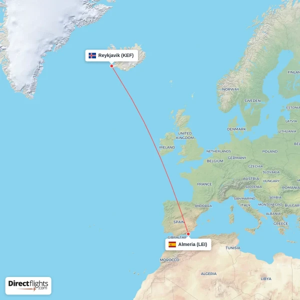 Reykjavik - Almeria direct flight map