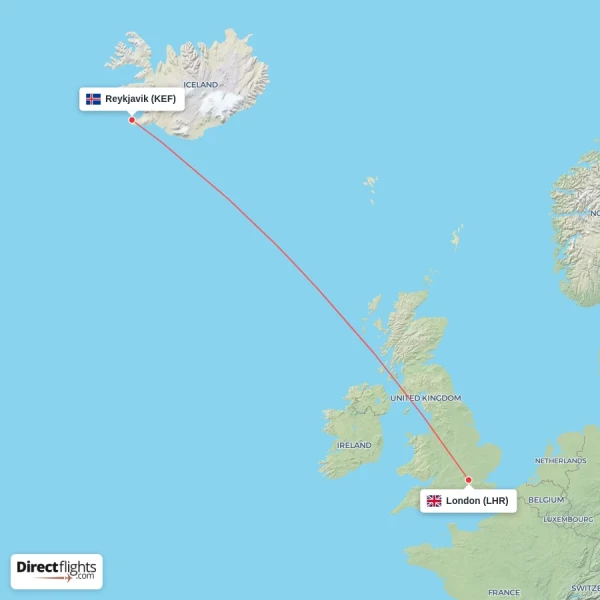 Reykjavik - London direct flight map