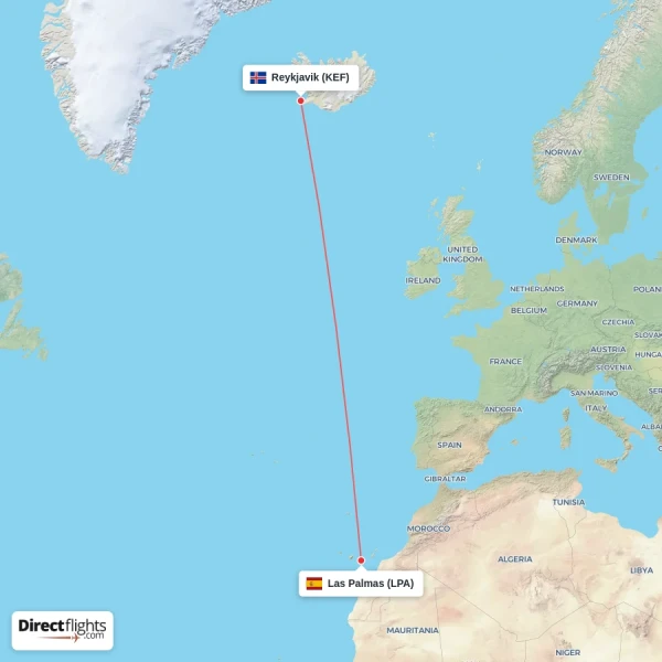 Reykjavik - Las Palmas direct flight map