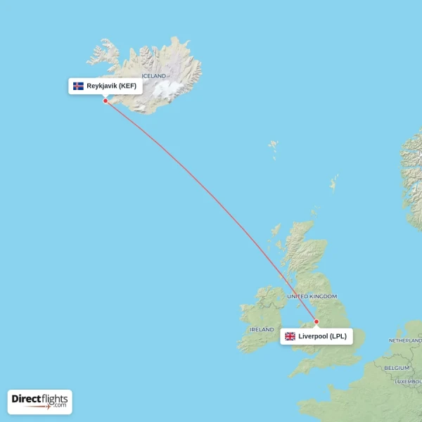 Reykjavik - Liverpool direct flight map