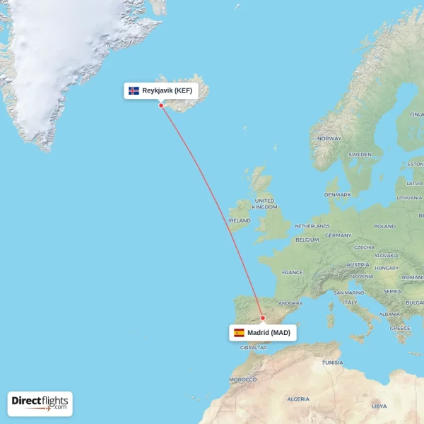 Reykjavik - Madrid direct flight map