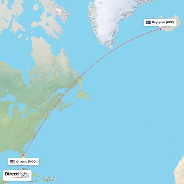 Reykjavik - Orlando direct flight map