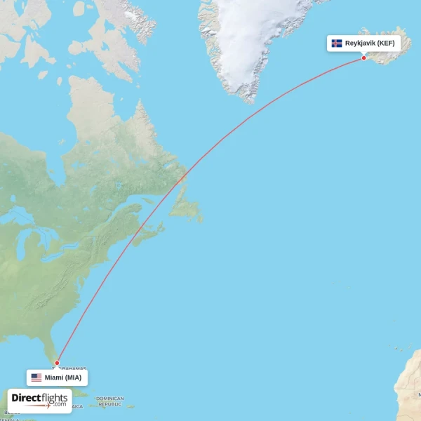 Reykjavik - Miami direct flight map