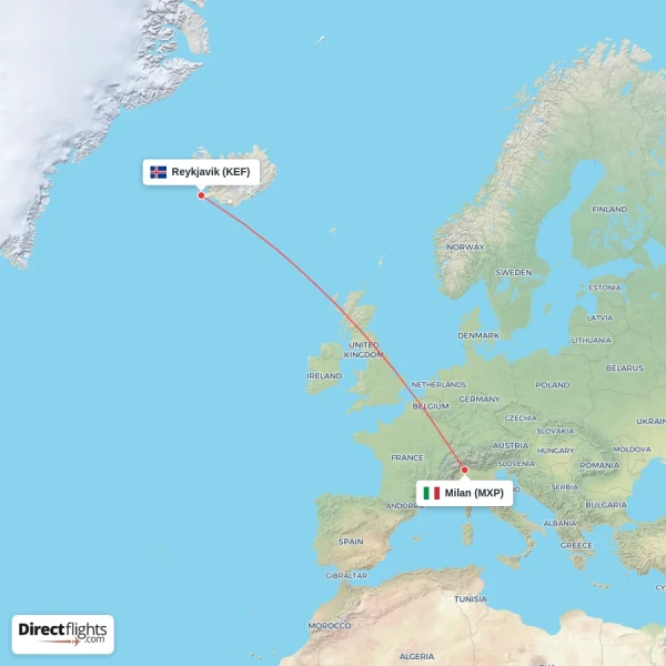Reykjavik - Milan direct flight map