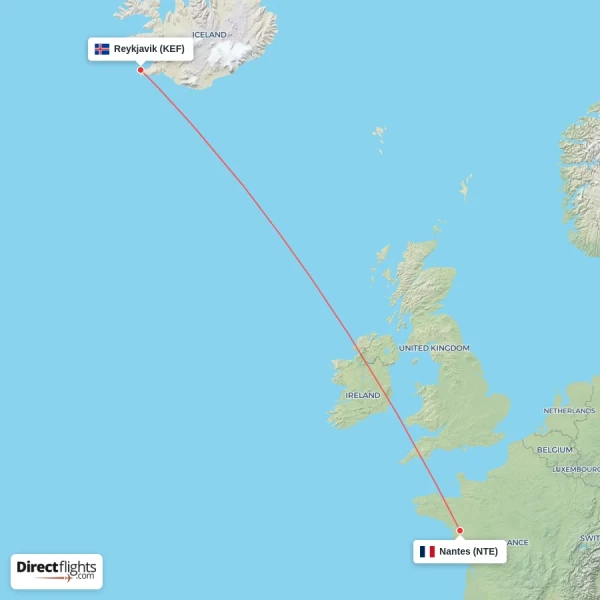 Reykjavik - Nantes direct flight map