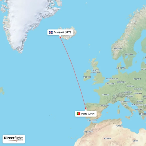 Reykjavik - Porto direct flight map