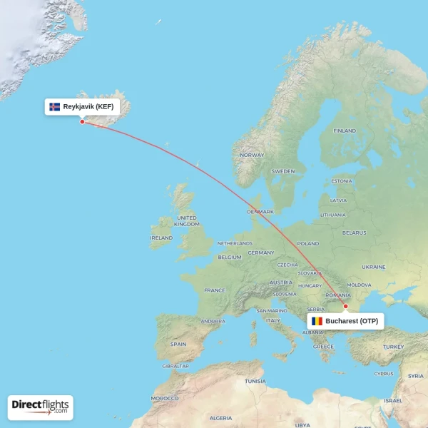 Reykjavik - Bucharest direct flight map