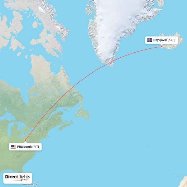 Reykjavik - Pittsburgh direct flight map