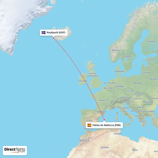 Reykjavik - Palma de Mallorca direct flight map