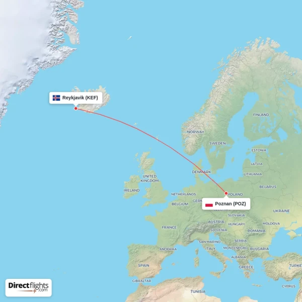 Reykjavik - Poznan direct flight map