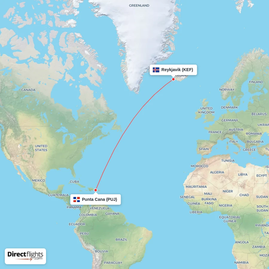 KEF - PUJ route map