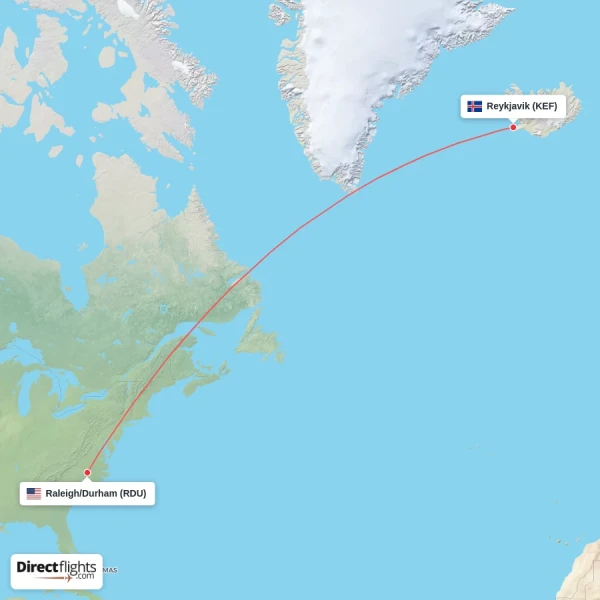 Reykjavik - Raleigh/Durham direct flight map