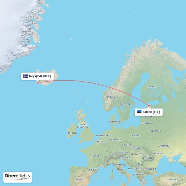 Reykjavik - Tallinn direct flight map