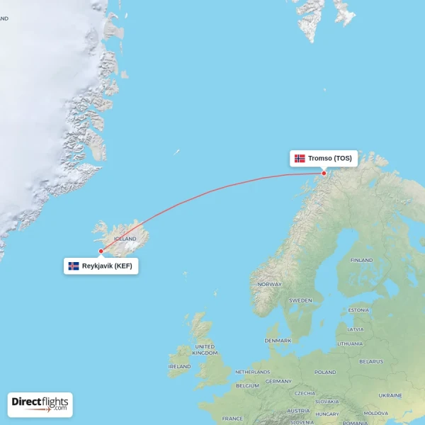 Reykjavik - Tromso direct flight map