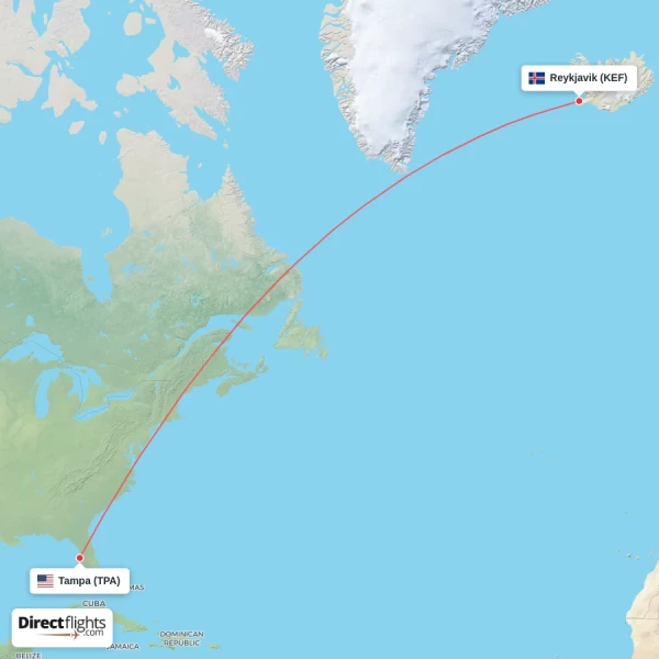 Reykjavik - Tampa direct flight map