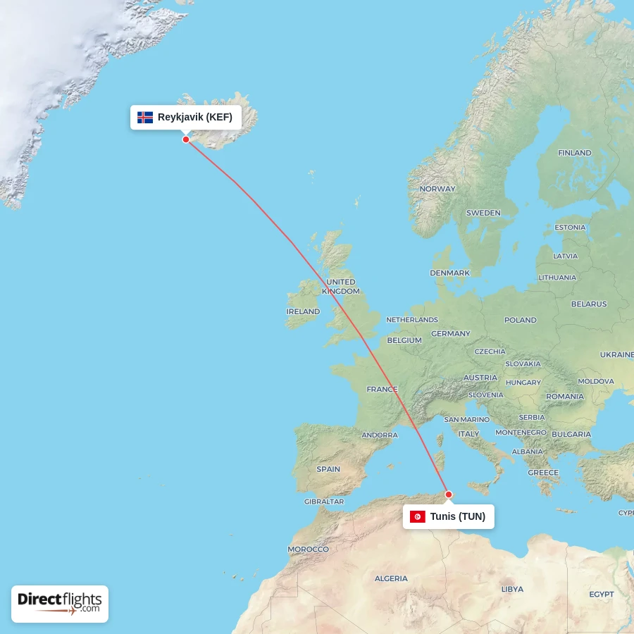 KEF - TUN route map