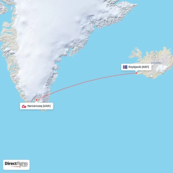 Reykjavik - Narsarsuaq direct flight map