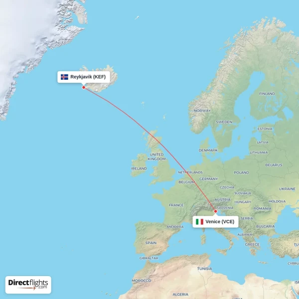 Reykjavik - Venice direct flight map