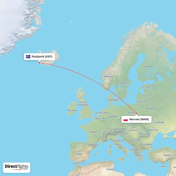 Reykjavik - Warsaw direct flight map