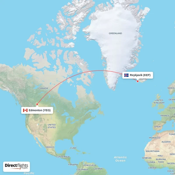 Reykjavik - Edmonton direct flight map